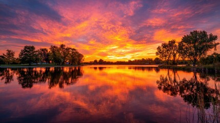 Obraz premium Vivid colors fill the sky as the sun sets over a calm lake, and trees outline the horizon. The water perfectly reflects the vibrant hues, creating a peaceful atmosphere in the evening.