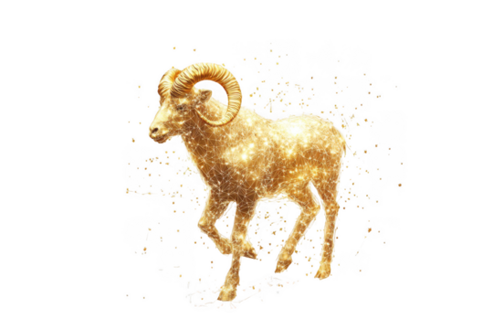 Golden ram zodiac aries astrology symbol, polygonal mesh style, digital art, png image on transparent background isolated on transparent background