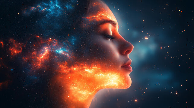Cosmic Embrace: A serene portrait of a woman whose face is infused with celestial beauty, her form merging with the cosmic glow of stars and nebulas, representing introspection.