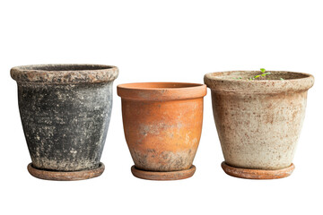Three vintage terracotta clay flower pots garden planters rustic home decor gardening isolated on transparent background