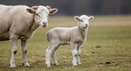 A light-colored sheep and its lamb stand in a grassy field, showcasing a serene rural scene.