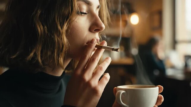 Contemplative Woman Smoking with Coffee