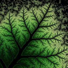 Obraz premium Abstract Vector illustration of an ultra-detailed, fractal-inspired green leaf close-up, highlighting the intricate branching vein patterns gradually diffusing toward the edges