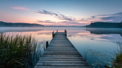 Fototapeta premium Early morning light illuminates a serene lake setting. A wooden dock extends into calm waters, framed by misty hills and gentle reeds, creating a tranquil atmosphere.