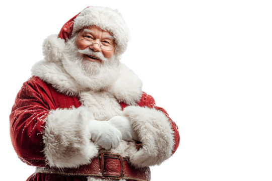 Happy santa claus isolated on transparent background with arms crossed and smiling