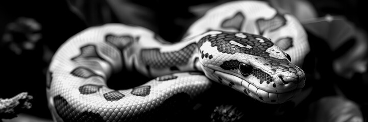 Beautiful black and white snake resting on foliage