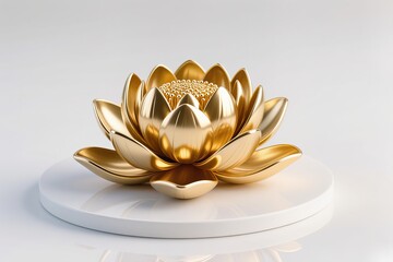 A surreal, simple 3d artwork of 3D rendered gold lotus flower in glossy style, modern elegance, white base