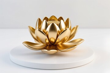 A surreal, simple 3d artwork of 3D rendered gold lotus flower in glossy style, modern elegance, white base