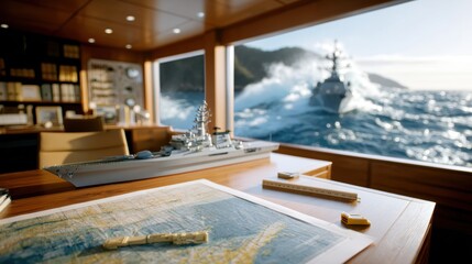 A naval command room showcases a ship model and navigational maps, with a real ship navigating through rough waters in the background.