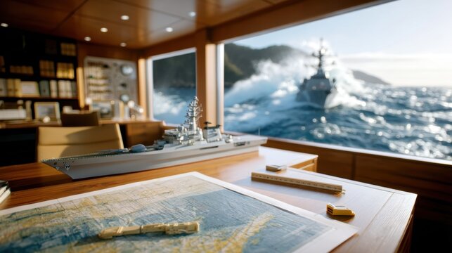 A naval command room showcases a ship model and navigational maps, with a real ship navigating through rough waters in the background.
