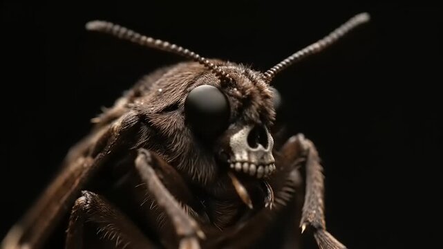 Macro Close-Up of Death's-head Hawkmoth (Acherontia atropos) with Distinctive Skull Pattern on Dark Background
