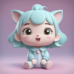 cartoon cat in blue dress. 3d illustration