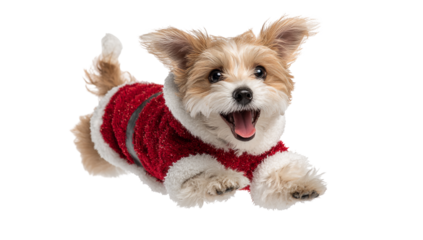 Happy puppy dog wearing santa claus costume isolated on transparent background