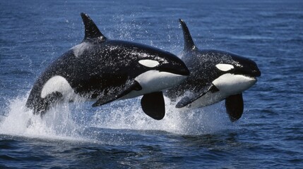 Fototapeta premium In bright daylight, two orcas burst from the surface of the sea, creating splashes as they leap playfully.