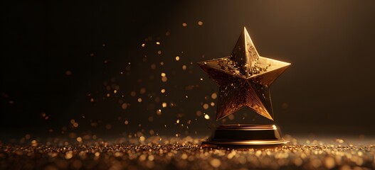 Golden star award trophy on dark background with sparkling glitter. Symbol of success, achievement, and first place victory. Luxury prize ceremony concept.