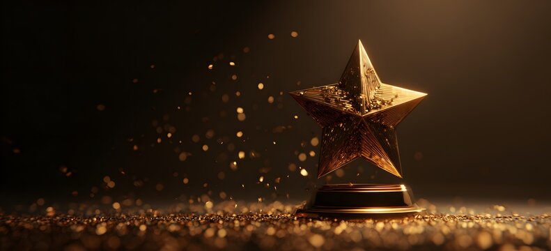 Golden star award trophy on dark background with sparkling glitter. Symbol of success, achievement, and first place victory. Luxury prize ceremony concept.