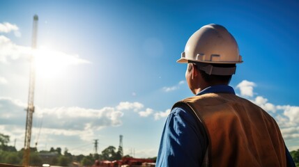 A construction worker wearing a hard hat and safety vest, standing on a construction site with a crane in the background.