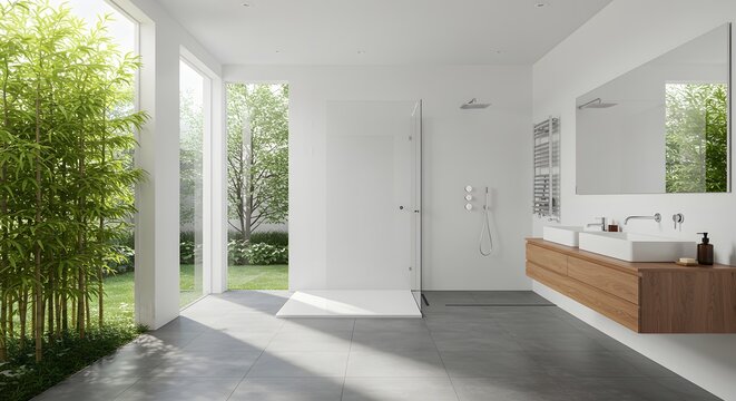 Serene contemporary bathroom design with a spacious walk-in shower and a floor-to-ceiling window overlooking a lush green bamboo garden - Powered by Adobe