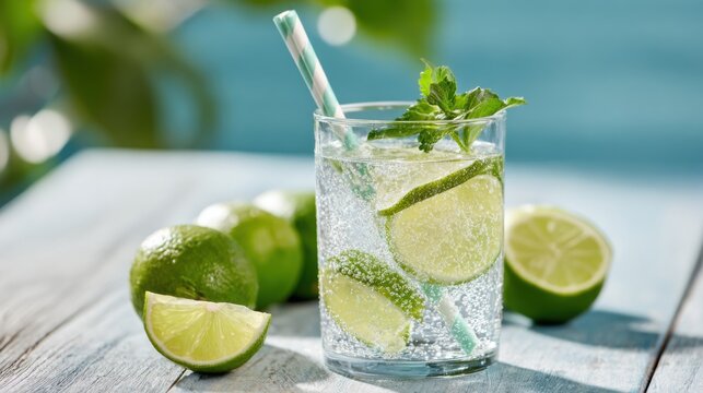 A glass filled with sparkling water and lime slices sits on a wooden table. Fresh mint leaves garnish the drink, while limes are scattered nearby under clear blue skies.