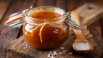 A jar filled with rich, golden caramel sauce is placed on a wooden cutting board. Next to it, a wooden spoon rests, and a sprinkle of sea salt adds a touch of elegance to the setup.