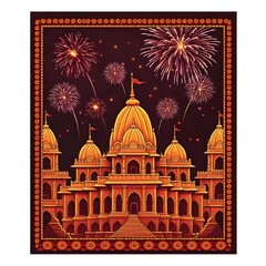 Obraz premium Magnificent Temple Illuminated by Festive Fireworks Display at Night