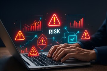 Risk management dashboard on laptop with warning triangles, charts and widgets, neon red, cyan and magenta glow on dark desk, highlighting compliance, monitoring and mitigation.