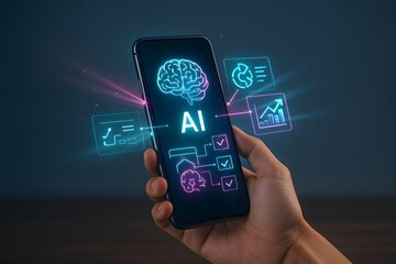 Hand holding smartphone with AI brain icon and analytics tiles, teal and magenta glow on dark background, lighting, for app marketing, mobile intelligence, and presentations.