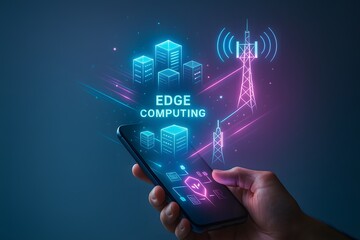 Smartphone displaying neon edge computing graphics with city buildings and cellular towers, representing lowâlatency processing, 5G connectivity and distributed applications for urban services