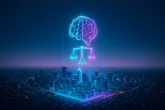 Neon brain with scales of justice hovering above a city skyline at night, luminous blue and pink glow, conceptual illustration for AI governance, ethics policy, and responsible technology debates