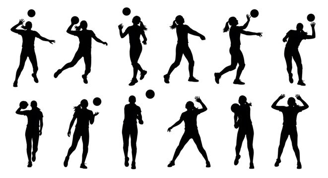 Silhouettes of women playing volleyball, showcasing various dynamic poses and actions.
