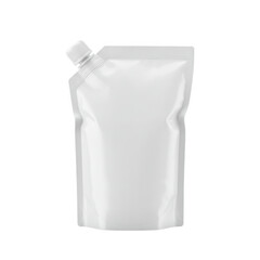 A clean white flexible pouch with a white screw cap and spout isolated on transparent background