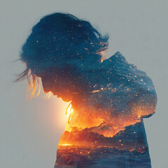 Solitude and wonder: A mesmerizing double exposure image, blending a person's silhouette with a breathtaking cosmic landscape, symbolizing introspection and the vastness of inner thought. 