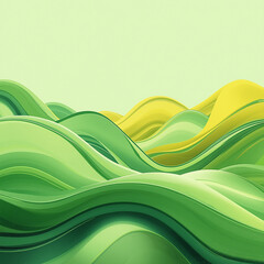 Abstract flowing green and yellow wavy landscape with smooth undulating curves creating a sense of gentle movement and organic beauty