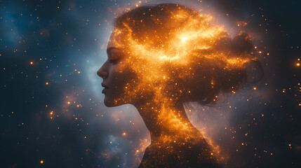 Celestial Reflection: A woman's silhouette merges with a nebula, embodying the cosmic beauty of inner and outer space. This image is a powerful symbol of the unity between humanity and the cosmos.