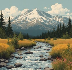 Snowy peaks reflected in a serene mountain lake fed by a rushing river in a scenic valley