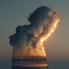 Inner Cosmos: A dreamy double exposure portrait revealing the fusion of the human form with a stunning skyscape, embodying introspection and the boundless nature of thoughts.