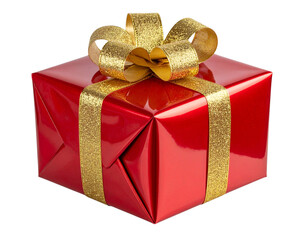  Classic Red Wrapped Gift Box with Gold Ribbon Bow, Front View, Isolated on Transparent Background