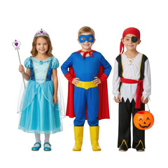 Halloween costumes princess superhero pirate kids party dress up outfits png image clipart vector isolated on transparent background