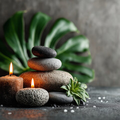 Tranquility and Balance: A composition of stacked stones, illuminated by soft candlelight, evokes feelings of peace and harmony amidst the serenity of nature. 