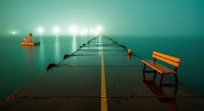 Empty pier with a bench extending into the water on a foggy night