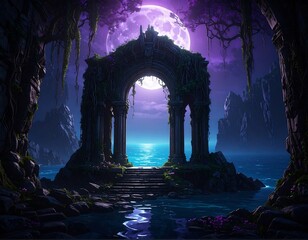 Mystical archway to a serene ocean under a full moon