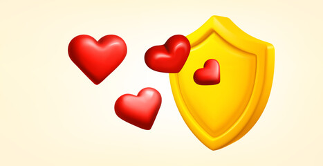 Yellow shield with red hearts. 3d vector banner with copy space