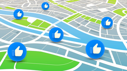 Сity map with thumbs up icons. 3d vector illustration
