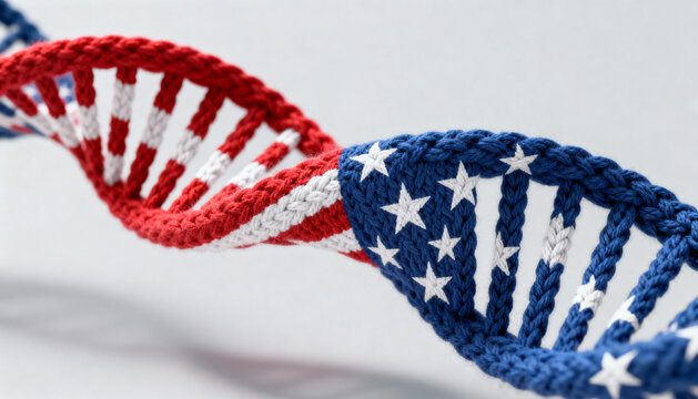 DNA double helix with American flag pattern symbolizing genetics and national identity on a light background - Powered by Adobe