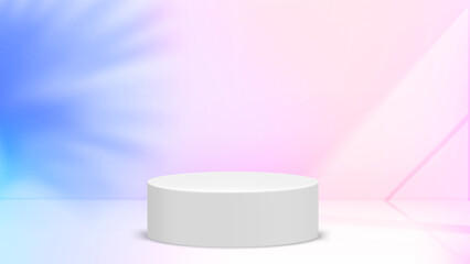 Neon glowing studio with white podium. 3d vector illustration