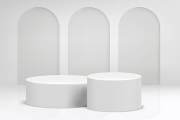 Bright studio with arc and podium. 3d vector background for product design