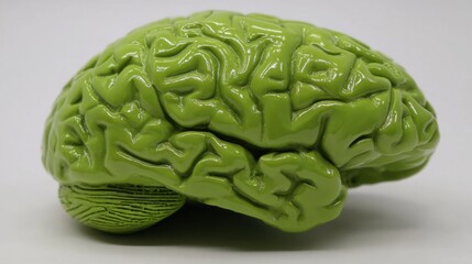 Obraz premium Detailed green brain model placed on a smooth surface highlights the complex structure and texture of the brain, ideal for educational and artistic purposes.