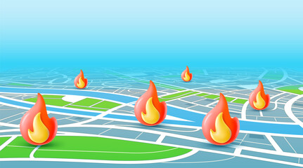 Сity map with flame icons in perspective. 3d vector illustration