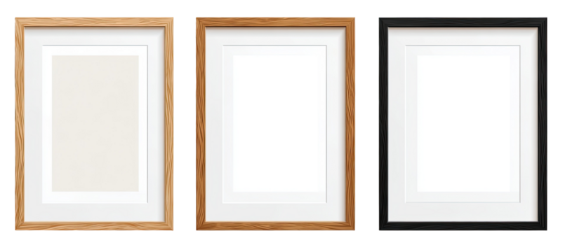 Three blank picture frames in different colors