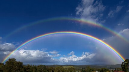 A vibrant double rainbow forms across the sky, creating a stunning display of colors above rolling green hills and scattered clouds, following a refreshing rain shower.